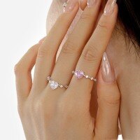 wholesale S925 Sterling Silver Women's Ring with Heart-Shaped Pink Zircon and Round Diamond Inlay, Fashionable European and American Wedding Style Jewelry for Women-White Gold and White Diamonds DY121106-SW-WH 5