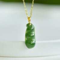 wholesale 18K Natural Gold Inlaid with Hetian Jasper Four Seasons Pendant Spinach Green Four Seasons Fortune Bean Pendant Necklace-0 gold silver chain