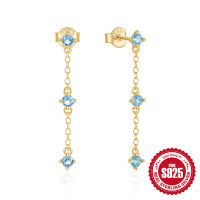 wholesale S925 Sterling Silver Diamond-Studded Long Fringe Earrings, European Minimalist Style-Gold-Light Blue Diamond 925 Silver