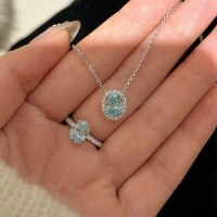 wholesale 925 Sterling Silver Aquamarine Oval Solitaire Ring and Necklace Set, Colored Gemstone Blue Diamond Fashion Light Luxury Jewelry-Ring US size 7 (HK size 14-15)  925 silver