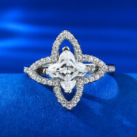 wholesale S925 Silver Metal New European and American 6*6 High-Carbon Diamond Four-Leaf Clover Ring for Women, Cross-Border Dropshipping-R869 Four-Leaf Clover Ring Size 5