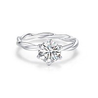 wholesale 18K White Gold-Plated Silver D Color Moissanite Vine Twist Six-Prong Solitaire Engagement Ring with Accent Diamonds-One carat silver plated with white gold>18