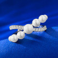 wholesale S925 Sterling Silver Full Diamond Pearl Crossover Ring for Women, Celebrity Same Style, by Mu Jing-0-1
