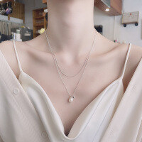 wholesale S925 Sterling Silver Creative French Double-Layer Pearl Sphere Pendant Necklace, Fashionable and Versatile Commuter Necklace for Women-486L/approximately 6.1g 925 silver