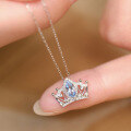 wholesale S925 Sterling Silver Aquamarine Crown Necklace for Women, Summer Luxury Small Design Collarbone Chain, New Trendy-0-1