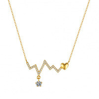 14K Gold-Plated 925 Sterling Silver Pendant Necklace with 1ct Moissanite Wave ECG Heart Design-50-piece chain (set with moissanite)  925 silver