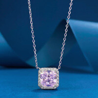 wholesale S925 Silver Inlaid with High-Carbon Diamond 7*7 Crushed Ice Cut Necklace Pendant Set, European and American New Style, for Women-N046 Pink Diamond Necklace 925 Silver