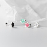 wholesale S925 sterling silver small resin five-petal flower threaded stud earrings, ins-style sweet student earrings M03322-S925 silver pair black>925 silver
