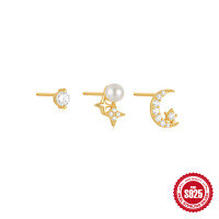 wholesale 925 Sterling Silver Star, Moon, Sun, Quatrefoil Ear Stud Set with Classic Diamond Accents, Pearls, and Versatile INS Style-3-piece set Gold#1 925 silver
