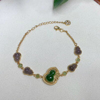 wholesale S925 silver inlaid natural Hetian jadeite lavender gourd bracelet with Five Blessings design in new Chinese style-Jadeite Smoky Purple Gourd Bracelet