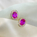 wholesale [Precious Metal] 925 Silver Gold Plated One Carat Oval Pink Sapphire Earrings, Simple and Versatile for Live Streams and Xiaohongshu-0-2