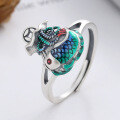 wholesale S925 Sterling Silver Creative Artistic Vintage Ethnic Style Resin Koi Fish Auspicious Meaning Adjustable Ring-0-1