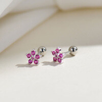 wholesale S925 Silver Korean Japanese Ins Style Flower Colored Zirconium Screw Ear Cartilage Studs Wholesale-Platinum Rose Red Screw Type
