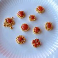 wholesale S925 gold-plated silver accessory with inlaid southern red agate spacer beads, pendant, DIY handmade bracelet charm, heart-shaped-One hollow spacer bead