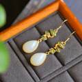 wholesale Gold-plated and silver-inlaid cloisonné cloud pattern Hetian jade droplet earrings for certificate, antique-style jade earrings, cheongsam, and Hanfu-0-5