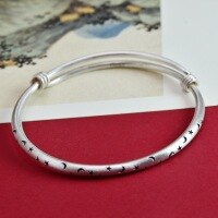 wholesale Matte 9999 Sterling Silver Star Moon Bangle Bracelet, Minimalist Push-Pull Cuff with a Niche Luxury Feel-One bracelet (1000024)