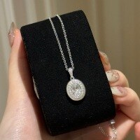 wholesale S925 Sterling Silver Oval Egg-shaped Diamond Brushed Necklace for Women, Small and Unique, Luxurious and Sophisticated, Versatile Fashion with a Retro Style-Platinum>925 silver