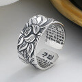 wholesale S925 Sterling Silver Retro Matte Wide Band Relief Lotus Heart Sutra Open Ring, Ethnic and Literary Style-0-2
