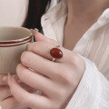 wholesale S925 Sterling Silver Oval Red Agate Ring, Vintage Antique Style Cabochon Index Finger Ring, Factory Direct-0-3