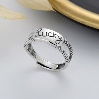 wholesale S925 Sterling Silver Double Layer Twisted Rope Edge English Letter "Luck" Ring Ins Japanese Korean Minimalist Style Band-600J/approx. 3.2g Adjustable opening