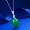 wholesale S925 silver new-style necklace with emerald-green imperial green cabochon pendant, adjustable green chalcedony necklace for live streaming-0-1