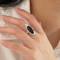 wholesale S925 Sterling Silver Oval Black Agate Ring Women New Korean Style Nature-Inspired Design Versatile Band-Sterling silver