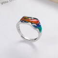 wholesale S925 Sterling Silver Vintage Literary Resin Colorful Lotus Koi Fish Six-Character Mantra Matte Adjustable Ring-0-0