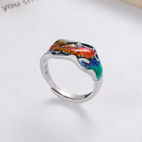 wholesale S925 Sterling Silver Vintage Literary Resin Colorful Lotus Koi Fish Six-Character Mantra Matte Adjustable Ring-1058J/approx. 4.8g Adjustable opening