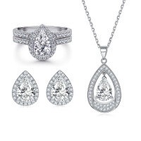 wholesale S925 Sterling Silver Zircon Teardrop Earring Necklace Women's Versatile Ring Combination Set Jewelry Three-Piece Suite-Ring TL-006 + Earrings TLED093 + Necklace TLXL110  US Size 10#