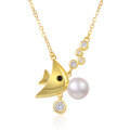 wholesale S925 sterling silver gold-plated zircon fish pendant pearl necklace for women in Japanese and Korean style with creative and personalized design-0-4