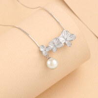 wholesale 925 Sterling Silver New Chinese Style Fairy Versatile Pearl Flower Pendant Delicate Choker Snake Chain Necklace-Flower Pearl Necklace 925 Silver