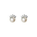 wholesale S925 Sterling Silver Sweet Row of Diamonds Pearl Crown Stud Earrings for Women, Korean Style Petite Student Earrings M02041-0-4