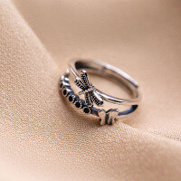 wholesale S925 Sterling Silver Retro Dragonfly Butterfly Vintage Ring for Women, Fashionable and Versatile Personality Adjustable Open Ring-xb1137-Thai silver