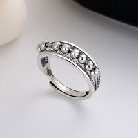 wholesale S925 Sterling Silver Creative Geometric Beaded Chain Ring, Korean Style Versatile Small Niche Design Fashion Index Finger Ring for Women-A037J/approx. 2.8g>Adjustable opening