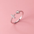 wholesale S925 Sterling Silver Polished 3D Heart Full Diamond Cross Ring Simple Korean Style Elegant Jewelry J9756-0-0