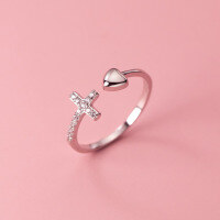 wholesale S925 Sterling Silver Polished 3D Heart Full Diamond Cross Ring Simple Korean Style Elegant Jewelry J9756-S925 silver one piece Adjustable opening