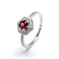 wholesale S925 silver rhodium-plated, New Year's red garnet gemstone halo set with sparkling zircon, elegant and noble women's ring wholesale-0-0