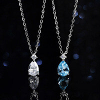 Sterling Silver Lab Blue Topaz Moissanite Necklace, 1ct Geometric Teardrop Pendant-Blue Topaz Necklace