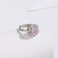 wholesale 925 Sterling Silver Ice Flower Cut Square High-Carbon Diamond Ring Women's Band Light Luxury Foreign Trade Hot-Selling Closed Ring Cross-Border New Product-Pink Diamond Ring Adjustable Opening