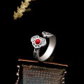wholesale S925 Sterling Silver Southern Red Agate Auspicious and Adjustable Open Ring, Vintage Retro Style, National Charm-0-0
