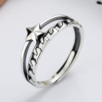 wholesale S925 sterling silver retro chain star double-layer ring opening simple versatile Korean style ins style-YJ113/approx. 2g>Adjustable opening