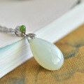 wholesale Sterling Silver with Certificate, Pear-Shaped Hetian Jade Pendant, Niche Design, Minimalist Gemstone Collarbone Necklace, Gift for Girlfriend-0-3