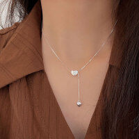 wholesale S925 Sterling Silver Tassel Heart Necklace for Women, Korean Sweet and Light Luxury Small and Chic Fashion Pendant Collarbone Chain-Pure silver (40+5CM)