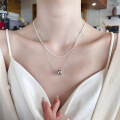 wholesale S925 Sterling Silver White Gold Plated Rhombic Grid Necklace with High-End Korean Style Rice Pearl Double Layer Sparkling Collarbone Chain-0-4