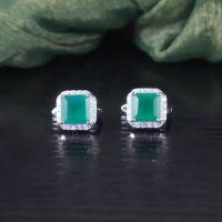 wholesale S925 Sterling Silver Vintage Elegant Gemstone Earrings with Natural Chrysoprase Inlay, Small Luxurious Style Square Earrings-Natural green chalcedony earrings