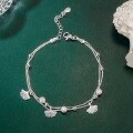 wholesale S925 Sterling Silver Sand Bead Ginkgo Leaf Double Layer Minimalist Silver Bracelet, Bohemian Style Versatile Design Sense Light Luxury Double Layer Bracelet-0-1