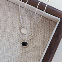 wholesale S925 Sterling Silver Oval Natural White Chalcedony Black Onyx Necklace Snake Chain Collarbone Chain Women's Versatile Simple Minimalist Luxury High-End-Black Onyx 925 Silver