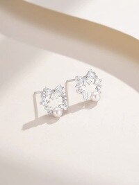wholesale S925 sterling silver small designer butterfly freshwater pearl wreath earrings for women, fresh and sweet with a high-end feel-Pearl Bow Earrings/Approx. 3.88g&gt;ED022194