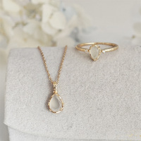 wholesale Japanese Winter New Arrival Aurora Glow Natural Teardrop Agate Ring and Versatile Necklace Set in Metal-Silver plated 14K gold all-match naked