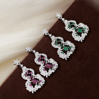 wholesale Metal with retro Chinese-style openwork floral pattern, colored diamond Ruyi gourd earrings, fashionable, unique, and high-end ear accessories-xb131- platinum green